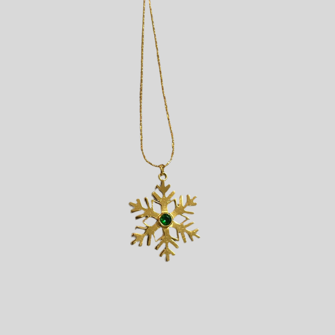 Snowflake gold plated necklace with green crystal