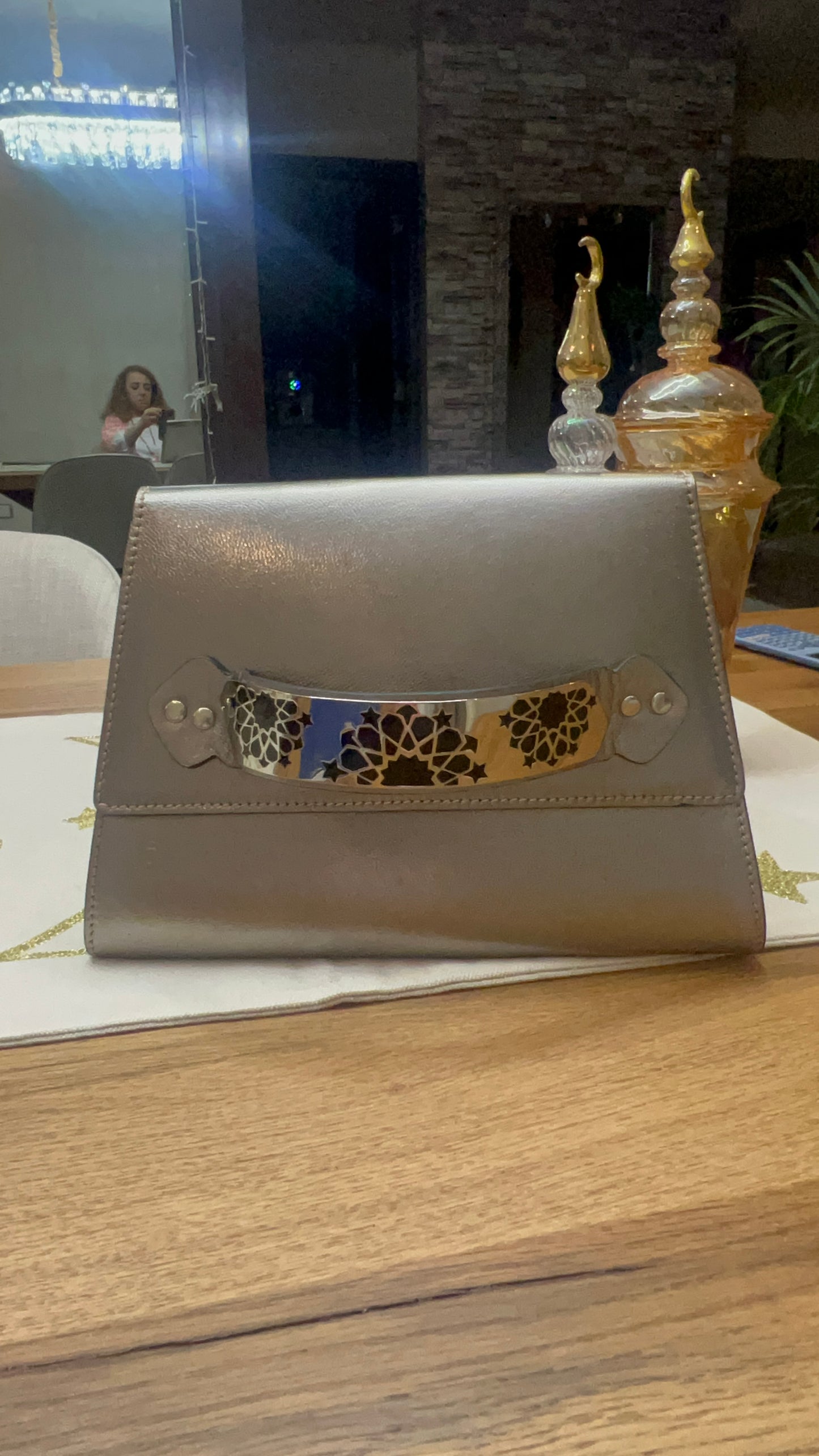 Handmade clutch with gold/silver plated handle