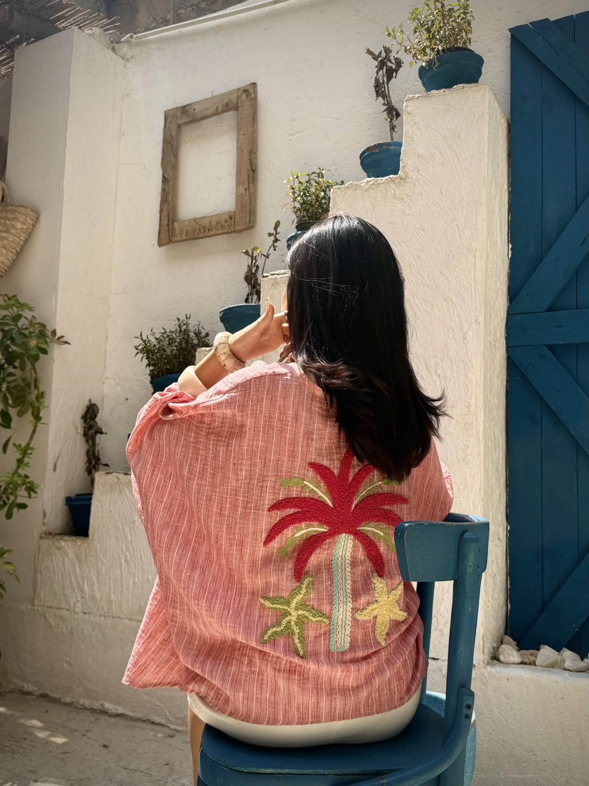 Coral Palm Embroidered Top