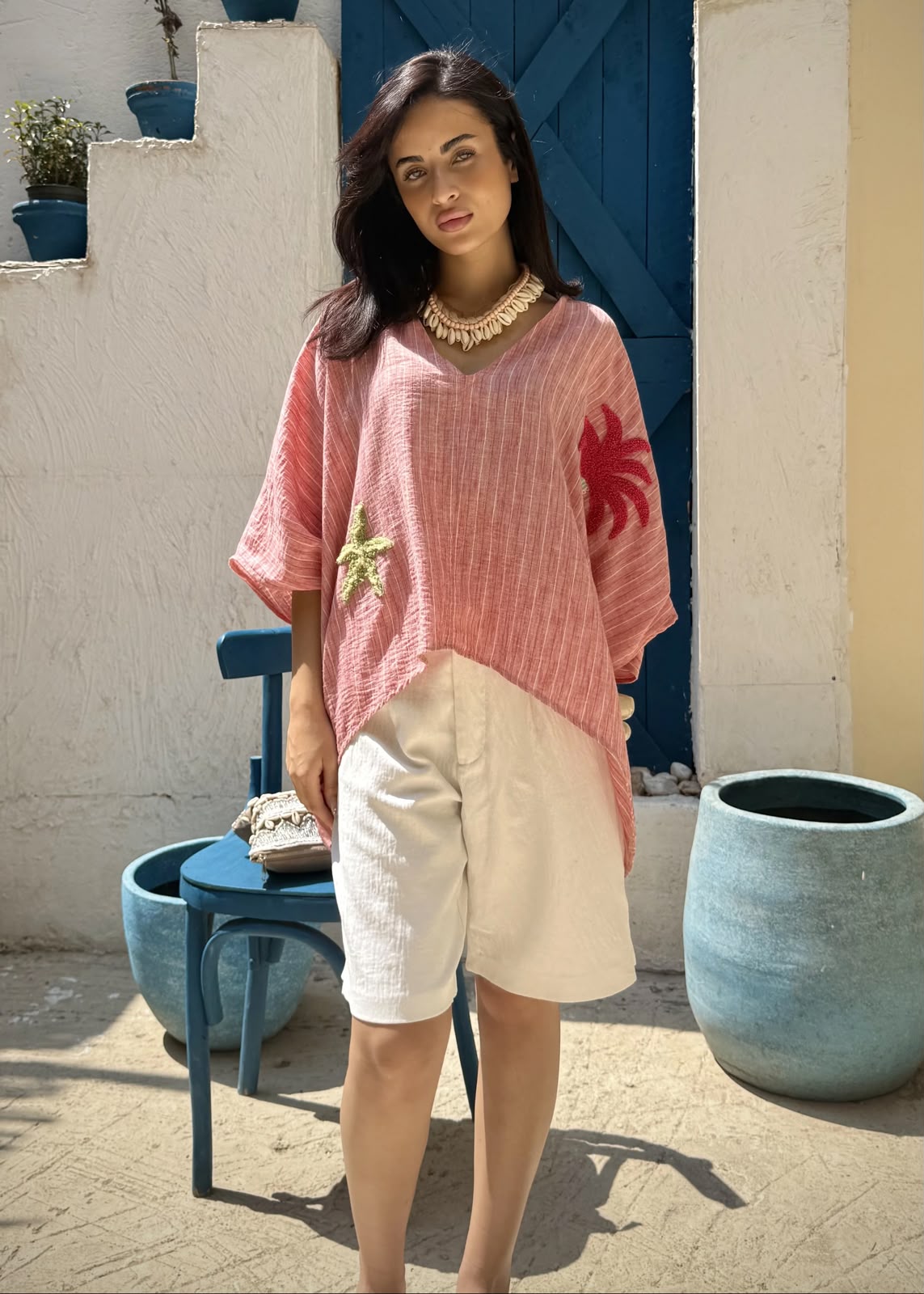 Coral Palm Embroidered Top