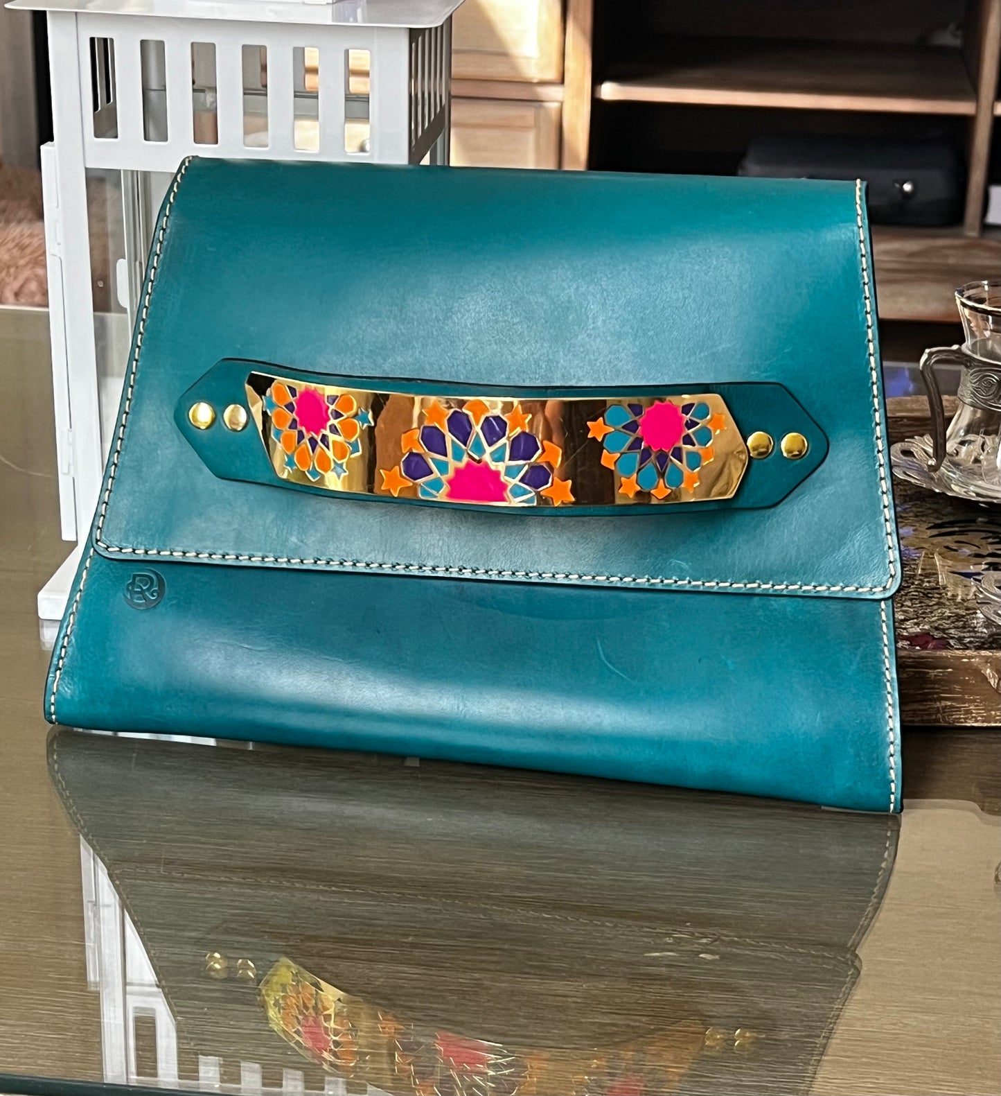 Handmade clutch with gold/silver plated handle