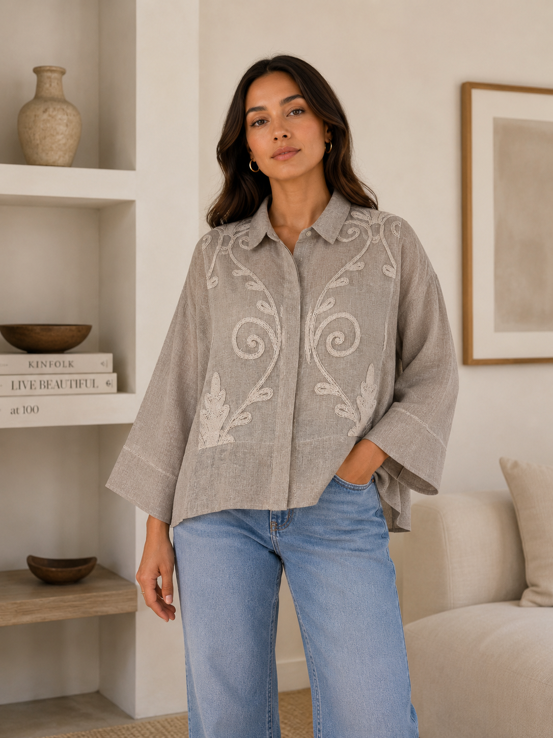 Greish/ beige embroidery Top