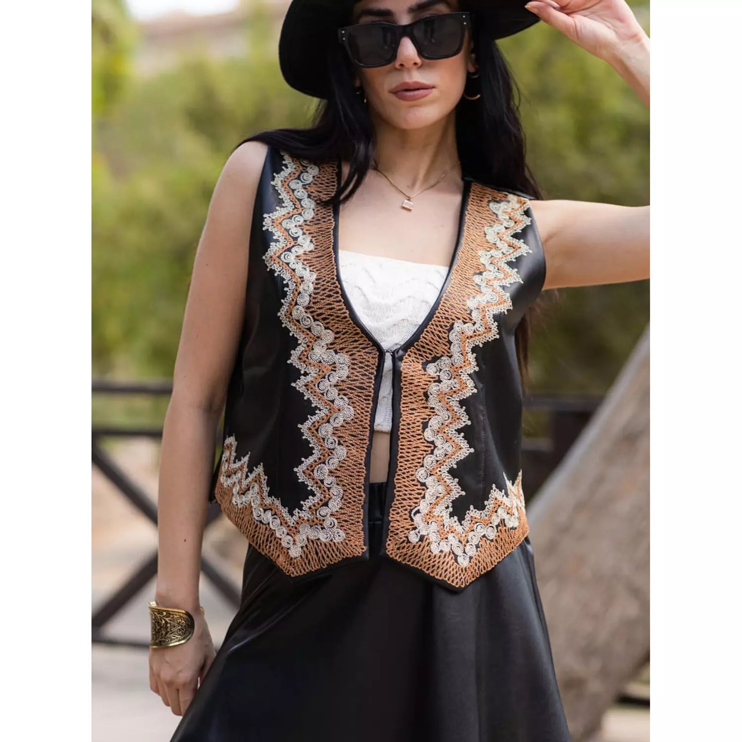 Embroidery leather vest and skirt