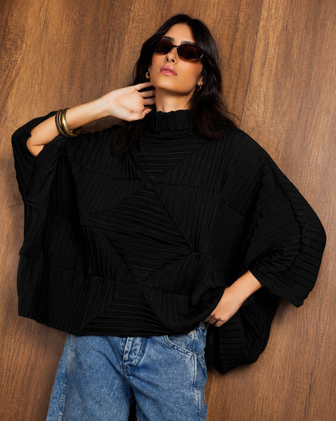 Caramel Beige Collar Pleated Top