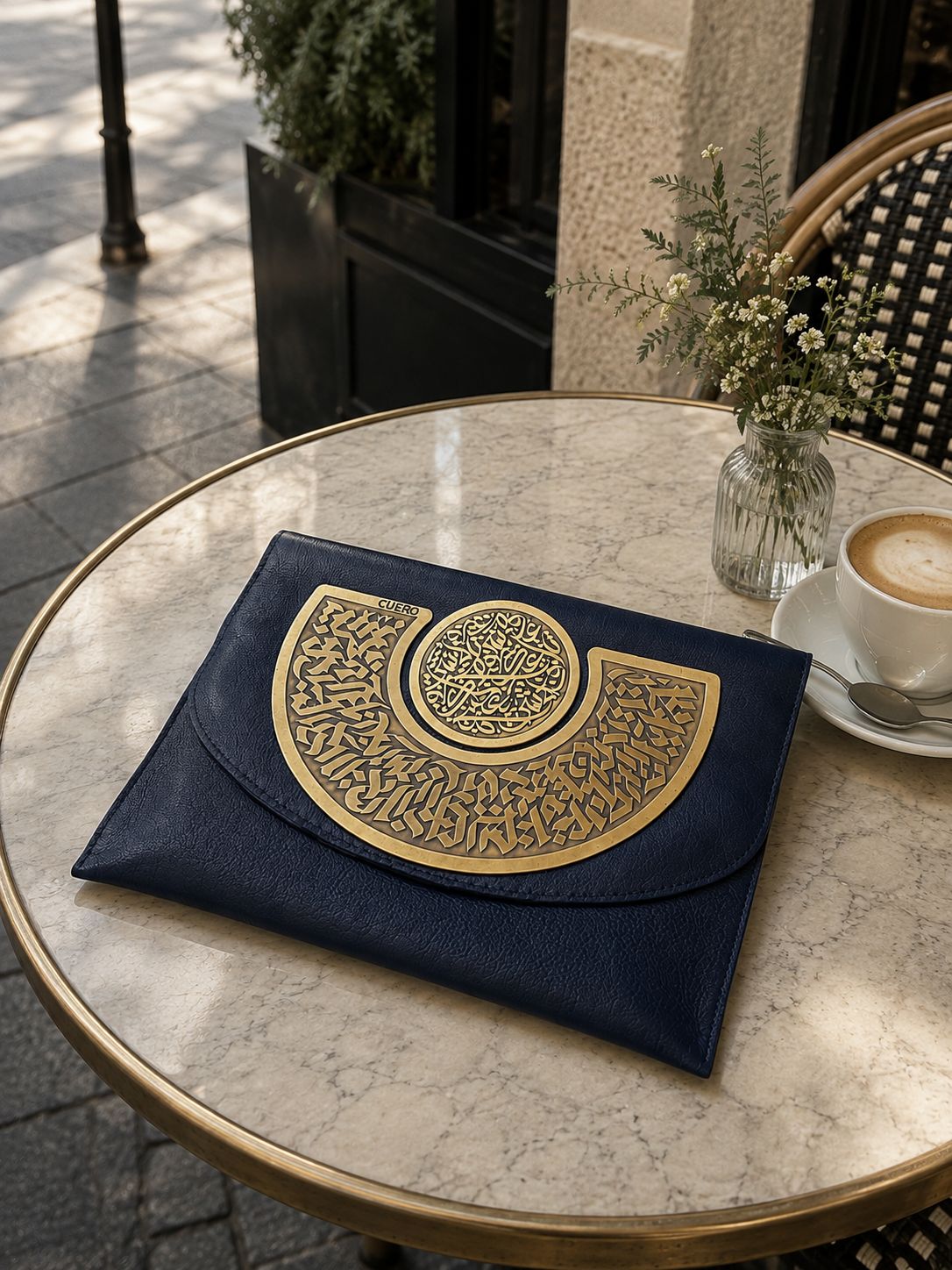 Blue leather Calligraphy clutch