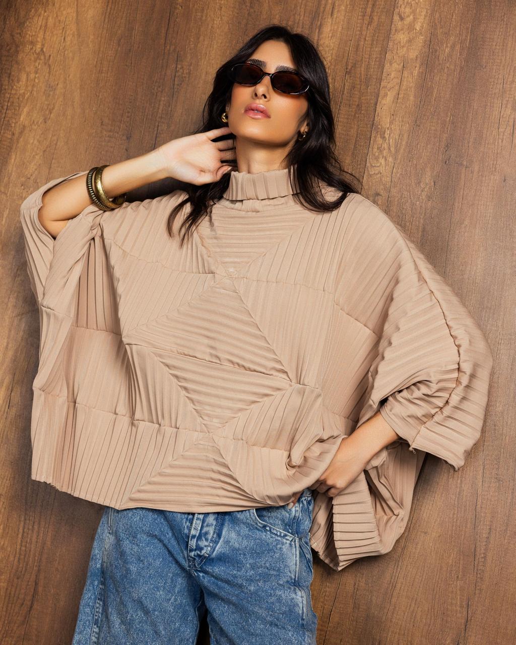 Caramel Beige Collar Pleated Top