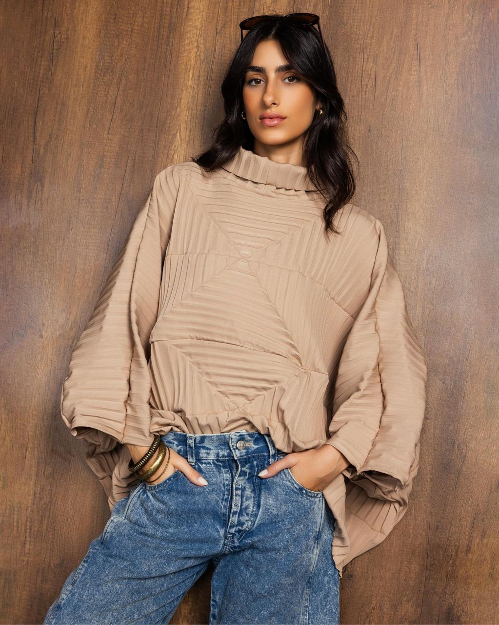 Caramel Beige Collar Pleated Top